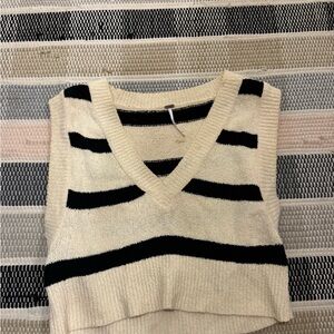 Free People Black and Cream V-Neck Sweater